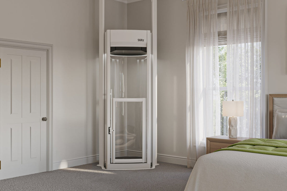 Space-efficient residential lift installed in a bedroom for easy access between levels