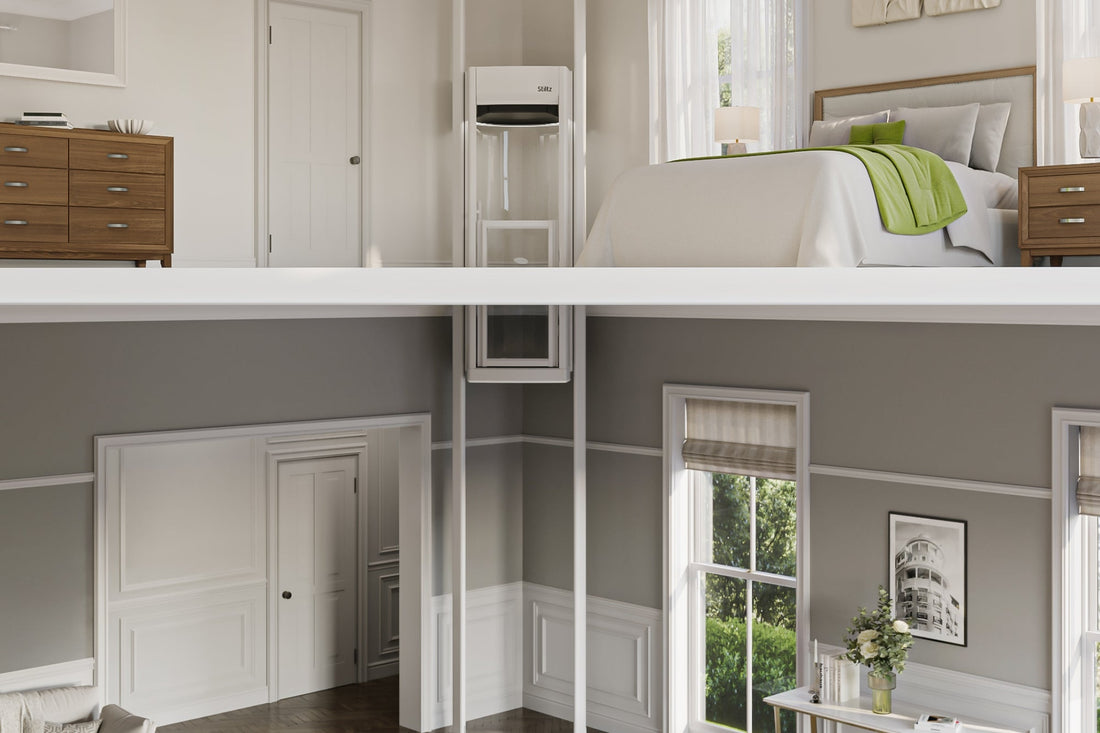 Cutaway view of a home lift running between the ground floor and an upstairs bedroom